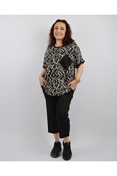 N SHE Geometrik Desen Büyük Beden Kapri Takım