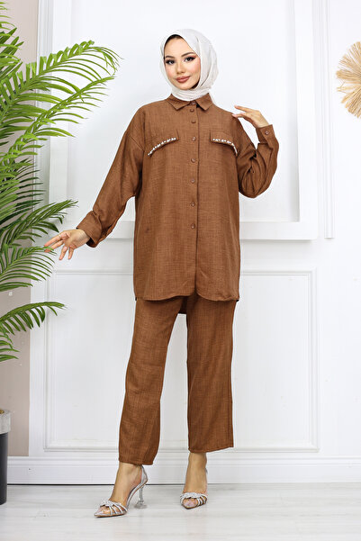 Bold Grup Γυναικεία Καλύμματα Τσέπης Πέρλες Διακοσμημένο Λινό Διπλό Πουκάμισο Σετ Παντελόνι