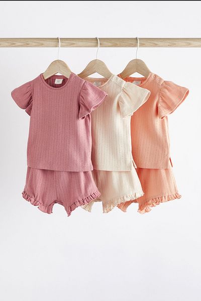 Next Baby Pink Pointelle 100% Cotton 3-Piece Short Sleeve Top and Bottom Set