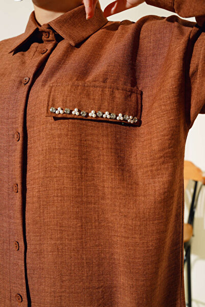 Bold Grup Γυναικεία Καλύμματα Τσέπης Πέρλες Διακοσμημένο Λινό Διπλό Πουκάμισο Σετ Παντελόνι