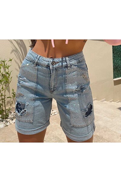 1Moda1Tarz Pantaloni scurți din denim cu design special, cu broderie Crystal Stone, rupti, detaliați