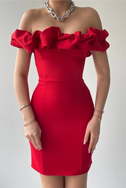 lovebox Γυναικείο ύφασμα Atlas με βολάν γιακά με σχέδιο Μίνι βραδινό κόκκινο φόρεμα 223