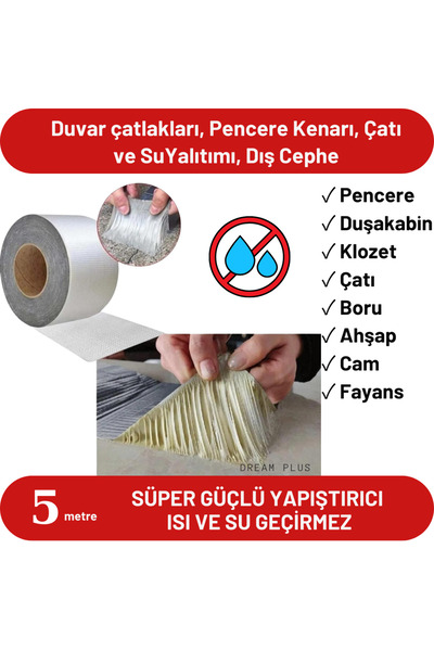 Dream Plus Süper Güçlü Su Sızdırmaz Çamur Bant 5mt X 5cm Tamir Çatlak Boru Bandı. Çatı Izolasyon Bandı 5mx5cm