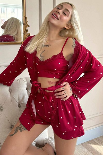 Pijamaevi Set de pijamale pentru femei cu model de inimă de burgundă, cu halate și pantaloni scurți din bambus