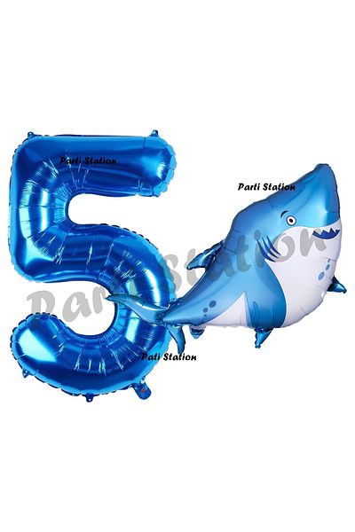 Parti Station 5 Year Old Birthday Shark Balloon Set - Navy Blue Number and Concept Balloon