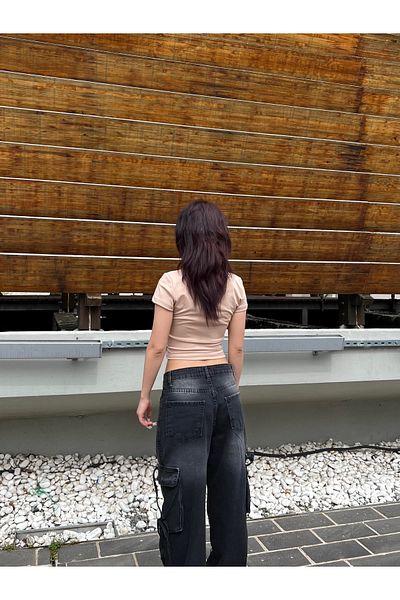 Gofeel Harajuku Plain Beige Full Length Sandy Crop Top