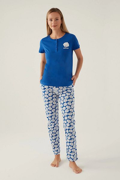 Arnetta BUTTONED NECK 100% COTTON SHORT SLEEVE SOFT TEXTURED WOMEN'S PAJAMAS SET