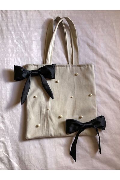 LIWOGY Cloth Bag with Black Ribbon and Pearls 35X40
