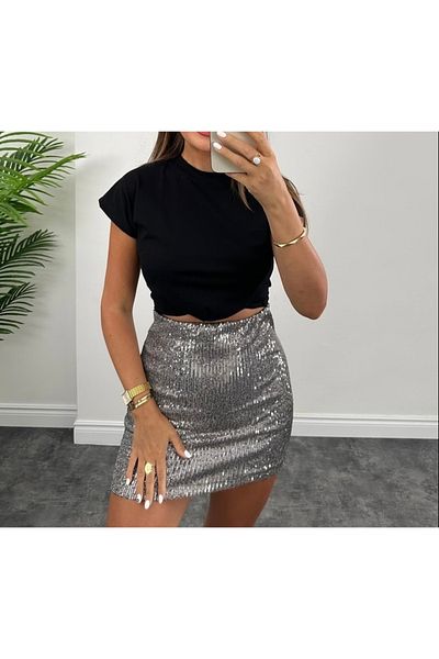 AYSİ COLLECTİON Fusta cu paiete cu paiete din lycra de calitate de lux, argintiu