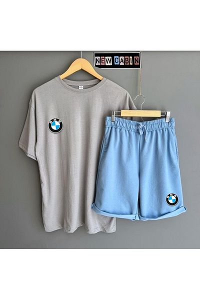 NewCabin New Season Unisex Μπλουζάκι BMW με στάμπα μεγάλου μεγέθους - Πολύχρωμο καλοκαιρινό σορτς BMW με στάμπα 2 τεμαχίων