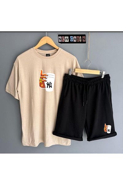 NewCabin New Season Unisex Ny Cup Printed Oversize T-Shirt - Colorful Ny Cup Printed Summer Shorts 2-Piece