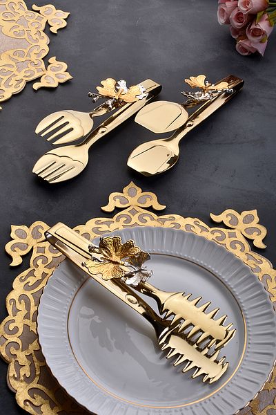 AVMSTORE 3-Piece Gold Tableware Presentation Set - Pasta, Pastry, Salad and Cake Tongs