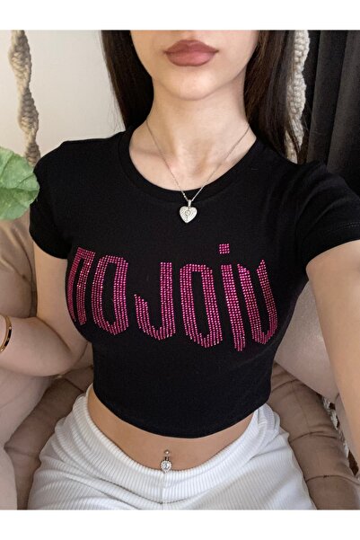 Violon Siyah Pembe Parıltılı Taşlı Violon Desen Kadın Crop Body