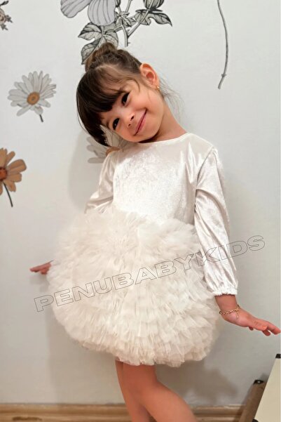 penu baby kids Ekru Altı Tütü Etekli Kadife Uzun Kollu Kız Bebek Elbise