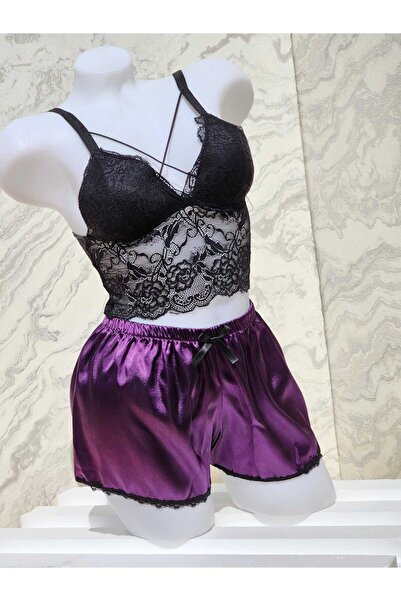 Saten Dantel Detaylı Şortlu  Gecelik Takımı Mor