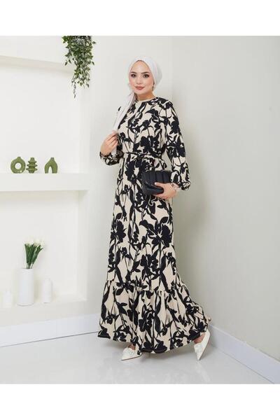 YILMAZBARMAZ فستان نسائي طويل مزين بالزهور مع أشرطة