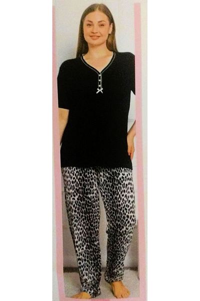 Miss Melina Bamboo Short Sleeve Women's Pajama Set Leopard BLACK