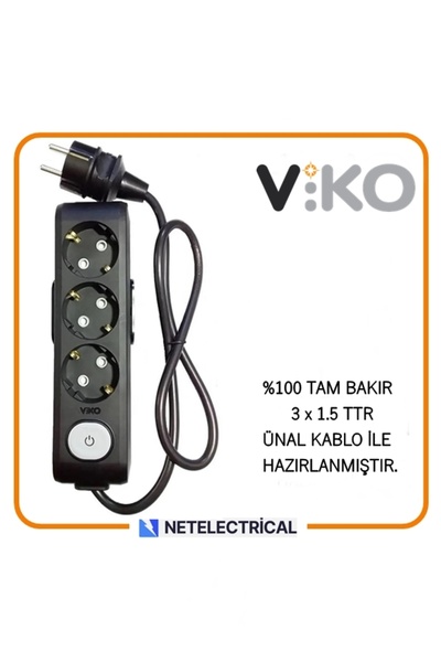VİKO Multi-let Siyah 3'lü Anahtarlı 1 Metre Topraklı Çocuk Korumalı Kablolu G...