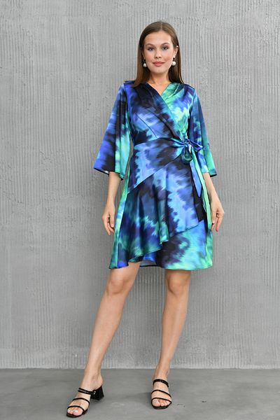 vuvutasarım Rochie din satin imprimat pentru femei, cu mâneci scurte de liliac, cu guler dublu, 24Y2261