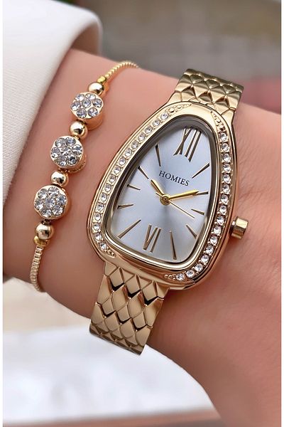 Homies Brand Gold Color Waterproof Women's Wristwatch - With Bracelet Gift