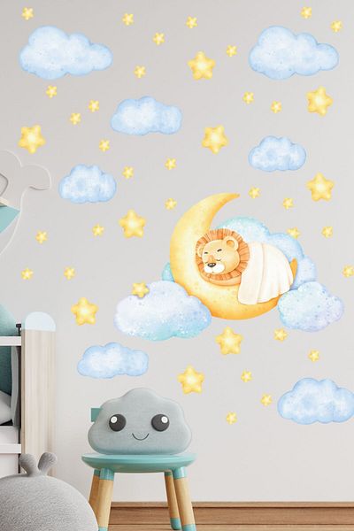 Postifull Kids Baby Room Sticker Set, Yellow Sleeping Lion Themed Kids and Baby Room Wall Sticker