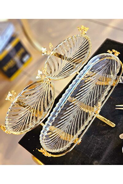 AZADE BAKIR 3 CAMLI 2 KATLI SUNUMLUK GOLD RENK KELEBEKLİ