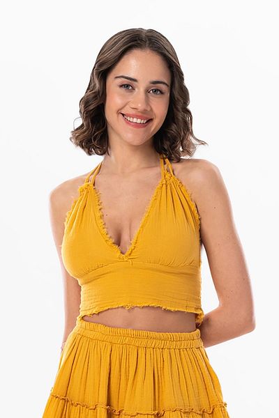 Eliş Şile Bezi Καλοκαιρινό Muslin Bustier Mustard Hrd με λεπτομέρεια με κορδόνια
