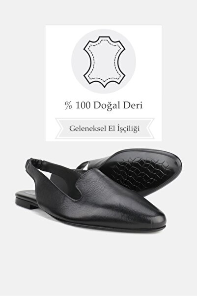 TUNAELLİ Black Genuine Natural Leather - Open Sandals Ballerinas