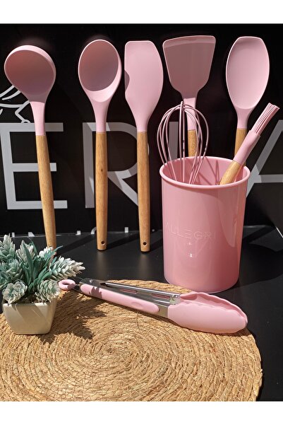 PERLAEVKAHVE Allegri 9 Piece Wooden Handle, Silicone Kitchen Set
