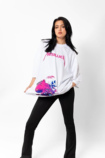 Sekizbiraltı Μπλουζάκι Metallica White Unisex Oversize Neon Pink Printed Tshirt