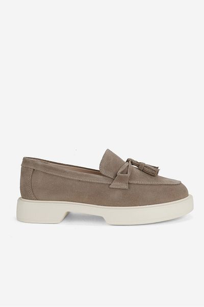 TUNAELLİ Γυναικείο Loafer Beige Suede - Γνήσιο φυσικό δέρμα και φούντα