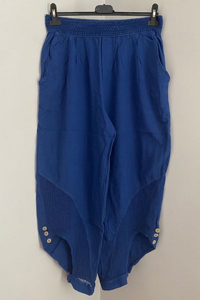 AYASOFYA OTANTIK Women's Saks Blue Linen Trousers with Mesh and Button Detail