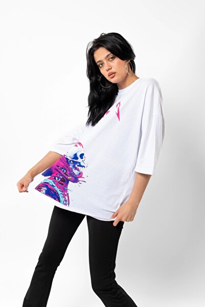 Sekizbiraltı Μπλουζάκι Metallica White Unisex Oversize Neon Pink Printed Tshirt
