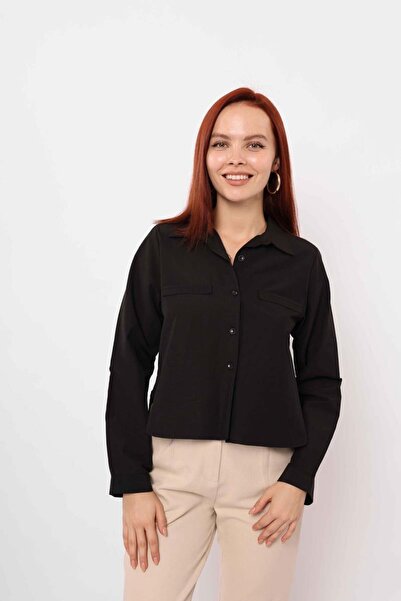 Lusin Women's Comfortable Cut Pocket Ornamental Detailed Woven Shirt - Black
