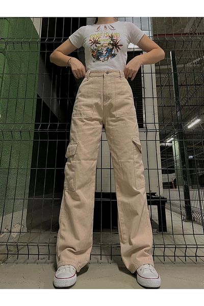 Gofeel Y2k Cream Cargo Front Pocket Detailed Unisex Trousers Cream