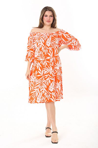 Şans Women's Plus Size Orange Collar Rubber Detailed Woven Viscose Fabric Dress 65N37864