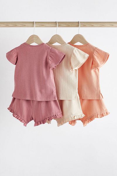 Next Baby Pink Pointelle 100% Cotton 3-Piece Short Sleeve Top and Bottom Set