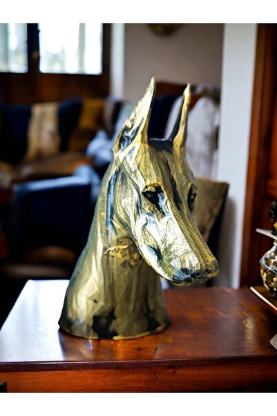 a life in games Doberman Figür - Gold Renk Heykel Büst | Tv Arkası Ve Masaüstü Ev Ofis Dekor- Dekorasyon 22cm