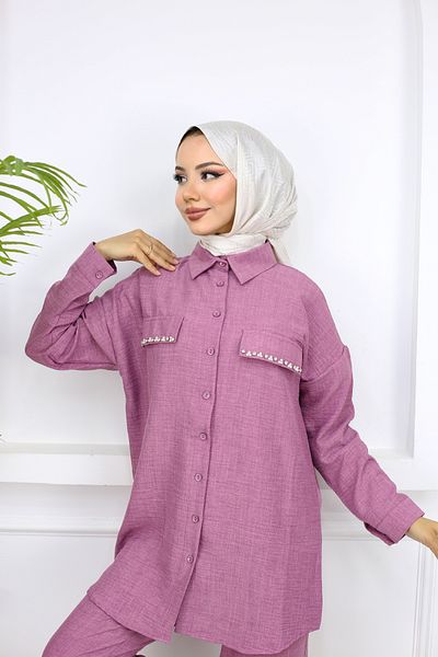 Bold Grup Women's Pocket Closures Pearl Decorated Linen Double Shirt Pants Set