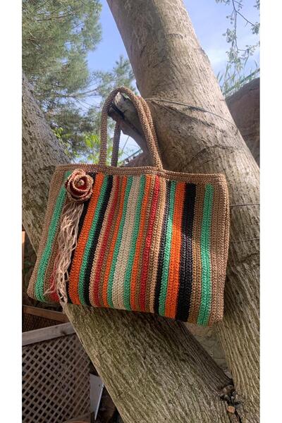 FAHA NATURAL Renkli Bohem Geniş Hasır örgü kadın omuz çantası