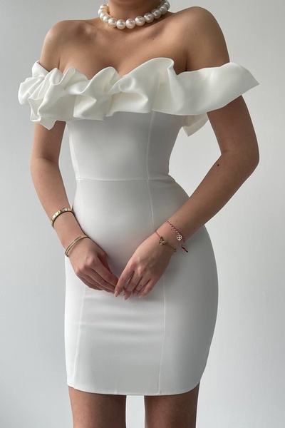 lovebox White Mini Atlas Evening Dress - Ruffle Collar, Design 223
