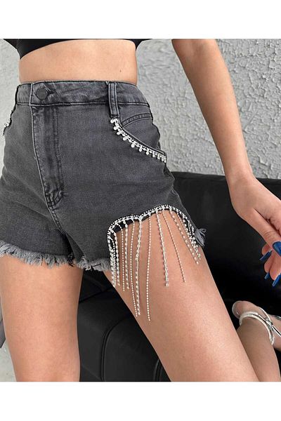 1Moda1Tarz Pantaloni scurți din denim de producție specială, cu design negru, cu franjuri, cu bijuterii