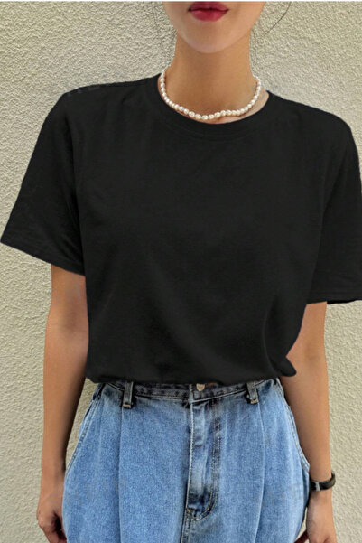 AEMİ Tricou negru supradimensionat pentru damă, cu mânecă scurtă, 100% bumbac...