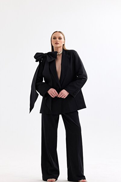 Bohai Design Özel Tasarım Fiyonk Detaylı Siyah Ceket Pantolon Alt-Üst Takım