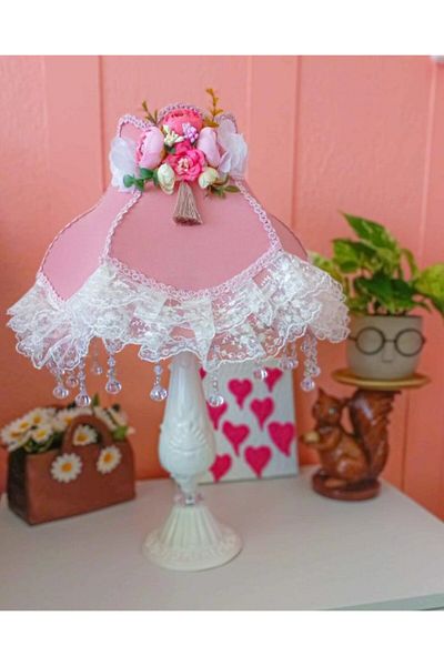 Dekovien Powder Colored Velvet Covered Flower Patterned Lampshade Sendi Fabric