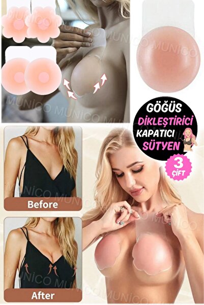 Munico 3 Çift Göğüsleri Dik Ve Sıkı Gösteren Göğüs Ucu Kapatıcı Silikon Sütye...