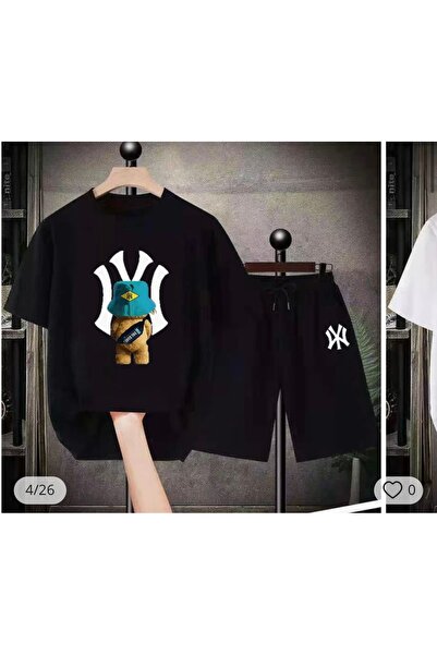 NewCabin طقم تي شيرت كبير الحجم مطبوع للجنسين وشورت صيفي من الأسفل مكون من قط...