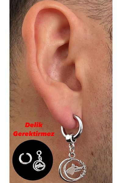 Piercing Market Steel & Silver Perforation-Free Compression Unisex Fake Ear Cartilage Dangle Figured 316l Surgical Steel Earrings