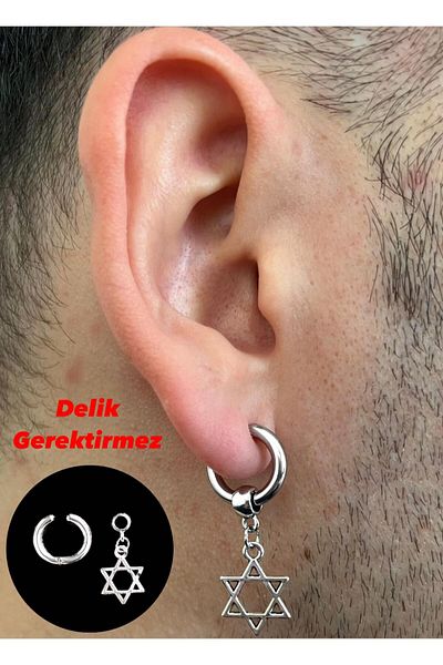 Piercing Market Steel & Silver Perforation-Free Compression Unisex Fake Ear Cartilage Dangle Figured 316l Surgical Steel Earrings