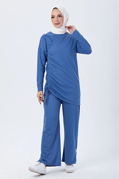 DAS KLEID مجموعة إنديجو المزدوجة مع تفاصيل الرباط الجانبي